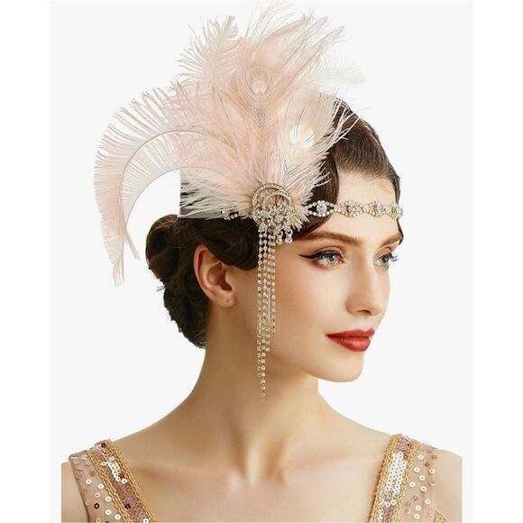 Rhinestone Feather Flapper Headpiece Headband 1920s Great Gatsby - Picture 1 of 4
